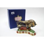 A Royal Crown Derby Porcelain Paperweight; Bull, gold stopper, date code for 1992, 20cm wide,