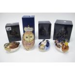 Four Royal Crown Derby Porcelain Paperweights; Mallard, 11cm long, Barn Owl, Duck and Dappled Quail,
