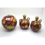 A Pair of Derby Porcelain Vases and Covers, of globular two handled form, the maroon grounds
