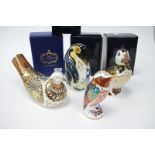 Four Royal Crown Derby Paperweights; Penguin and Chick, 12cm high, Puffin, Millenium Dove and