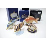 Four Royal Crown Derby Porcelain Paperweights; Old Imari Frog, 10cm high and Golden Carp, both no