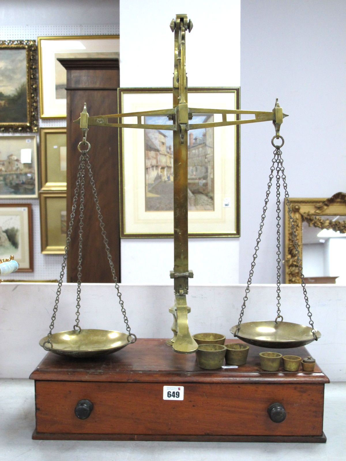 Late XIX Century Brass Weighing Scales with Weights, mounted on a wooden base with single drawer,