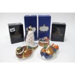 Four Royal Crown Derby Porcelain Paperweights; Penguin, 12.5cm high, Mandarin Duck, Nesting