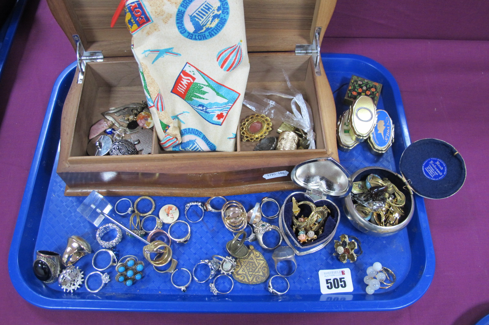 A Small Selection of Various Modern Rings, assorted clip on earrings, four pill boxes, two trinket