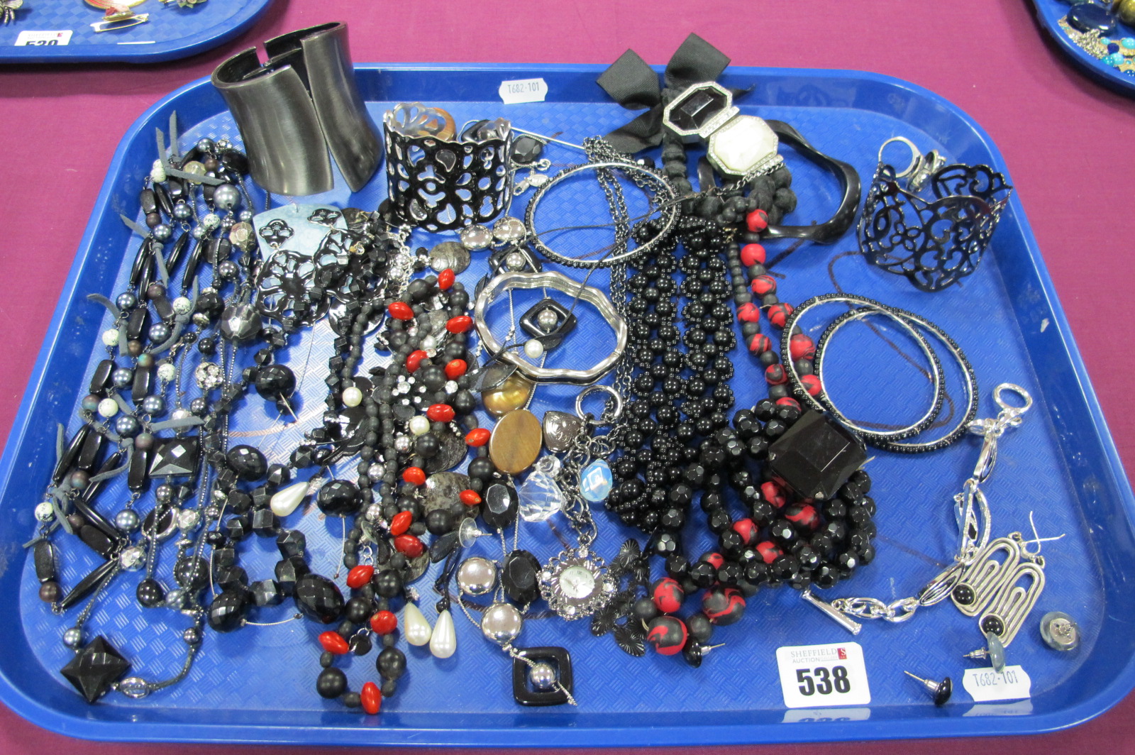 A Selection of Modern Costume Jewellery, including bangles, bead necklace, drop earrings, etc:-