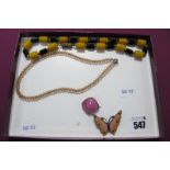 A Small Collection of Vintage Style Costume Bead Necklaces (2), an enamel butterfly brooch and a