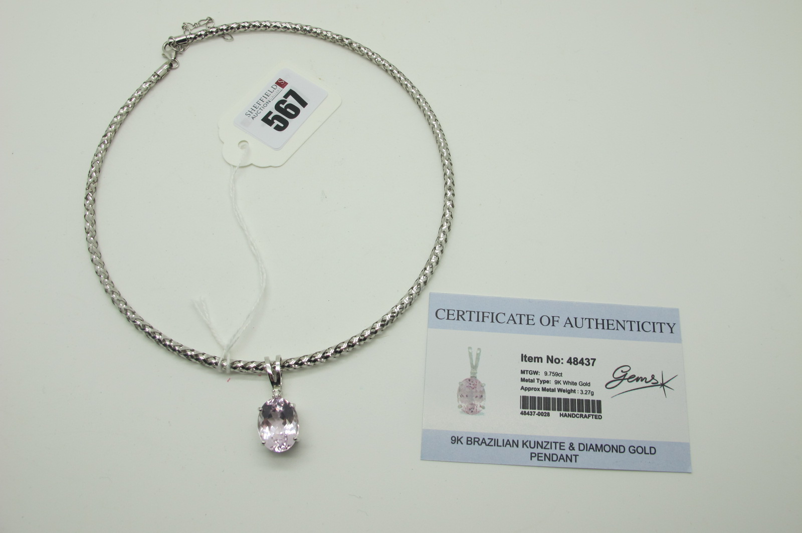 A Large Modern 9ct White Gold Single Stone Pendant, four claw set, with Gems TV Certificate of