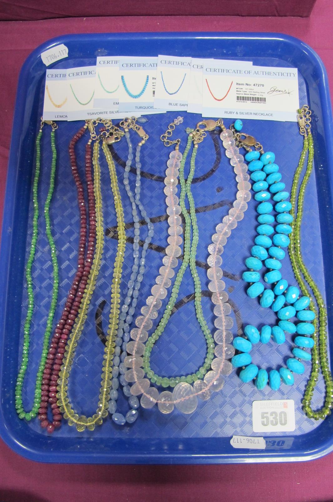 Eight Modern Faceted Semi Precious Bead Necklaces, with seven Gems TV Certificates of Authenticity