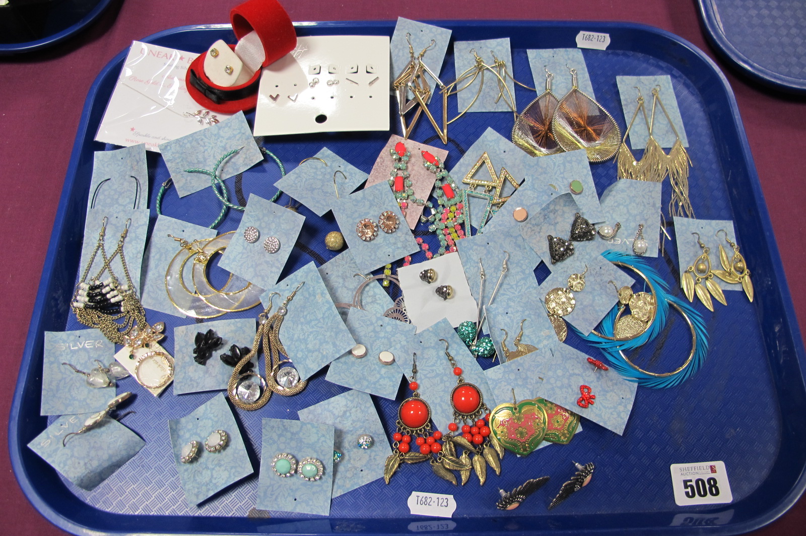 A Variety of Modern Earrings, including ornate drops, claw set earstuds, etc:- One Tray