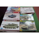 Six 1:72nd Scale Plastic Kits all of Tanks by Modelcollect, Norinco, Hobby Boss, including Russian