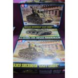 Three 1:48 Scale Tamiya Plastic Kits, all WWII American Shermans, all boxed, appear unstarted,