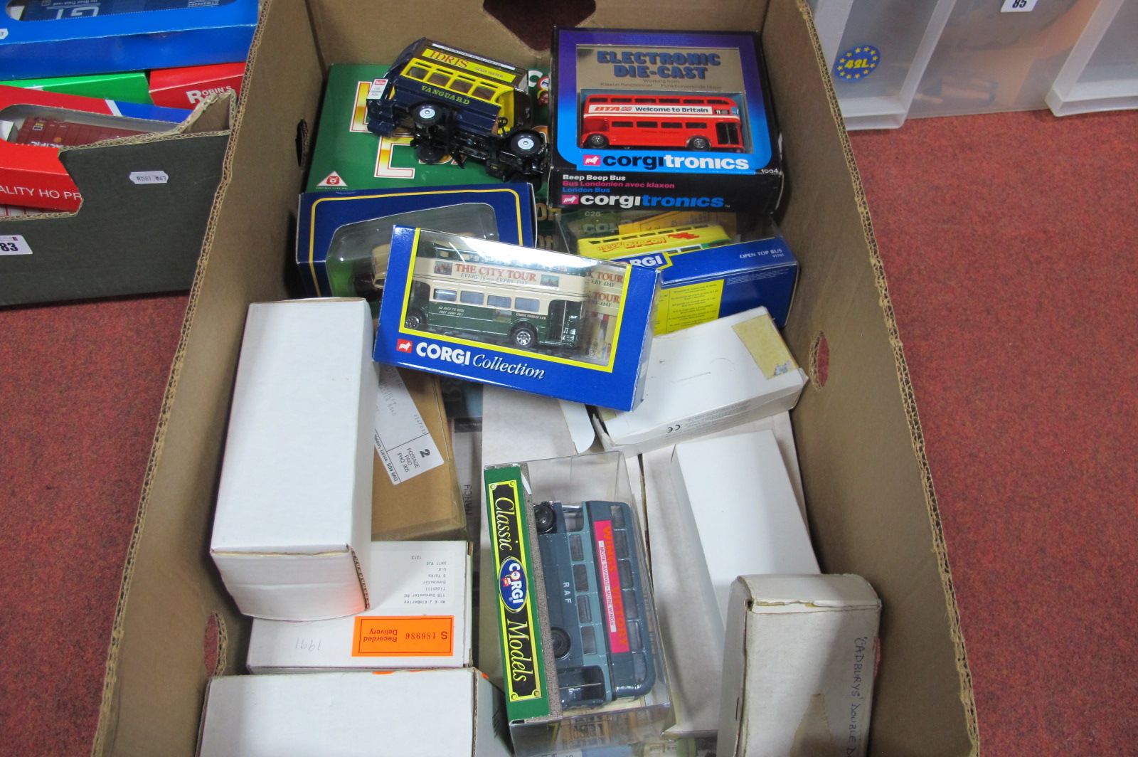 A Quantity of Mainly Corgi Buses and Similar Items, often in Mailaway boxes.