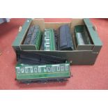 Five 'G' Scale Six Wheel Coaches, finished in green by Bachmann, wheels adjusted to narrow gauge,
