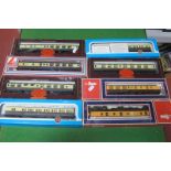Eight 'OO' Gauge GWR Coaches, by Lima, Hornby, Airfix, various styles, playworn, boxed.