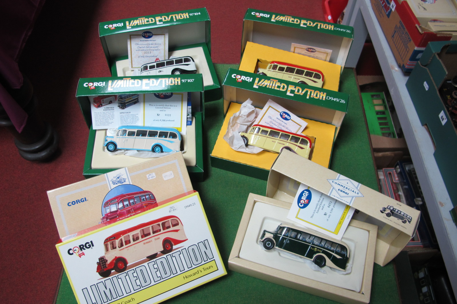 Seven Corgi Classic Bedford OB Buses, including Felix Coaches, all boxed.