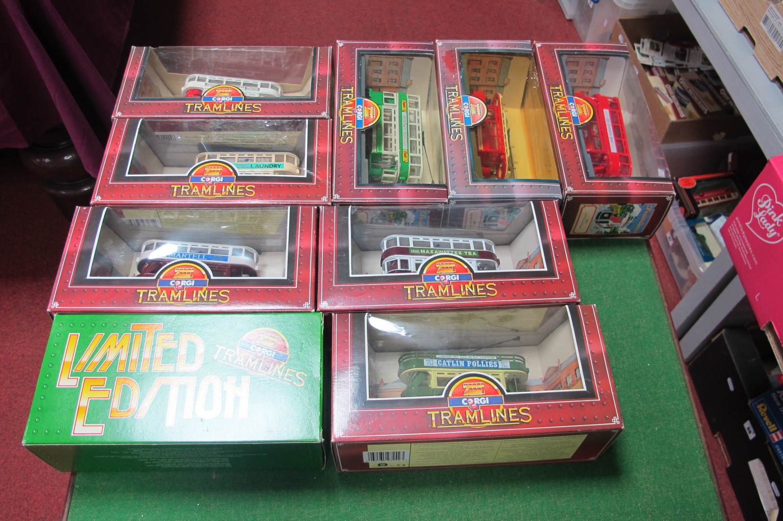 Nine Corgi Tramlines, all different, all boxed.