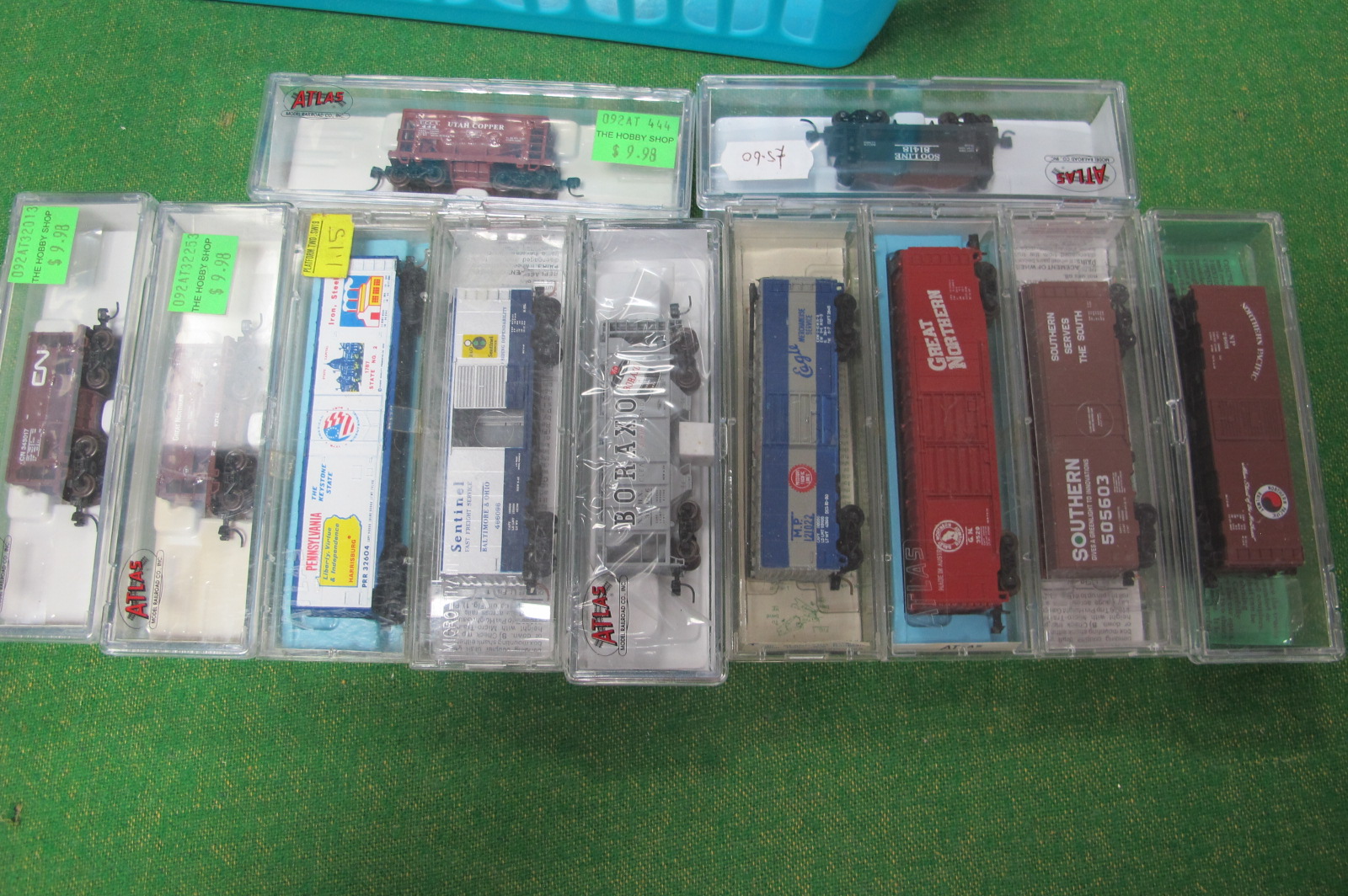 Eleven 'N' Gauge American Outline Eight Wheel Boxcars/Hoppers etc, by Atlas and others, used,