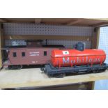 Two G Scale Eight Wheel Railway Wagons, an LGB 'Mobilgas' Tanker and a caboose, playworn.