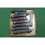 Nine 'N' Gauge Mainly 'Swiss' Outline Eight Wheel Coaches, by 'Minibahn' and others, playworn,
