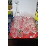Decanter, silver Sherry label, silver topped sugar castor, drinking glasses:- One Tray.