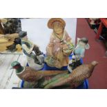 Plaster Figure of 1930's Lady, sporting bonnet, 41cm high, pottery pheasants, workmen figures:-