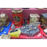 Vintage "Fox Glacier Mints 6d qtr" Confectioner's Sweet Tin, Acctim clock, "National Hunt" metal