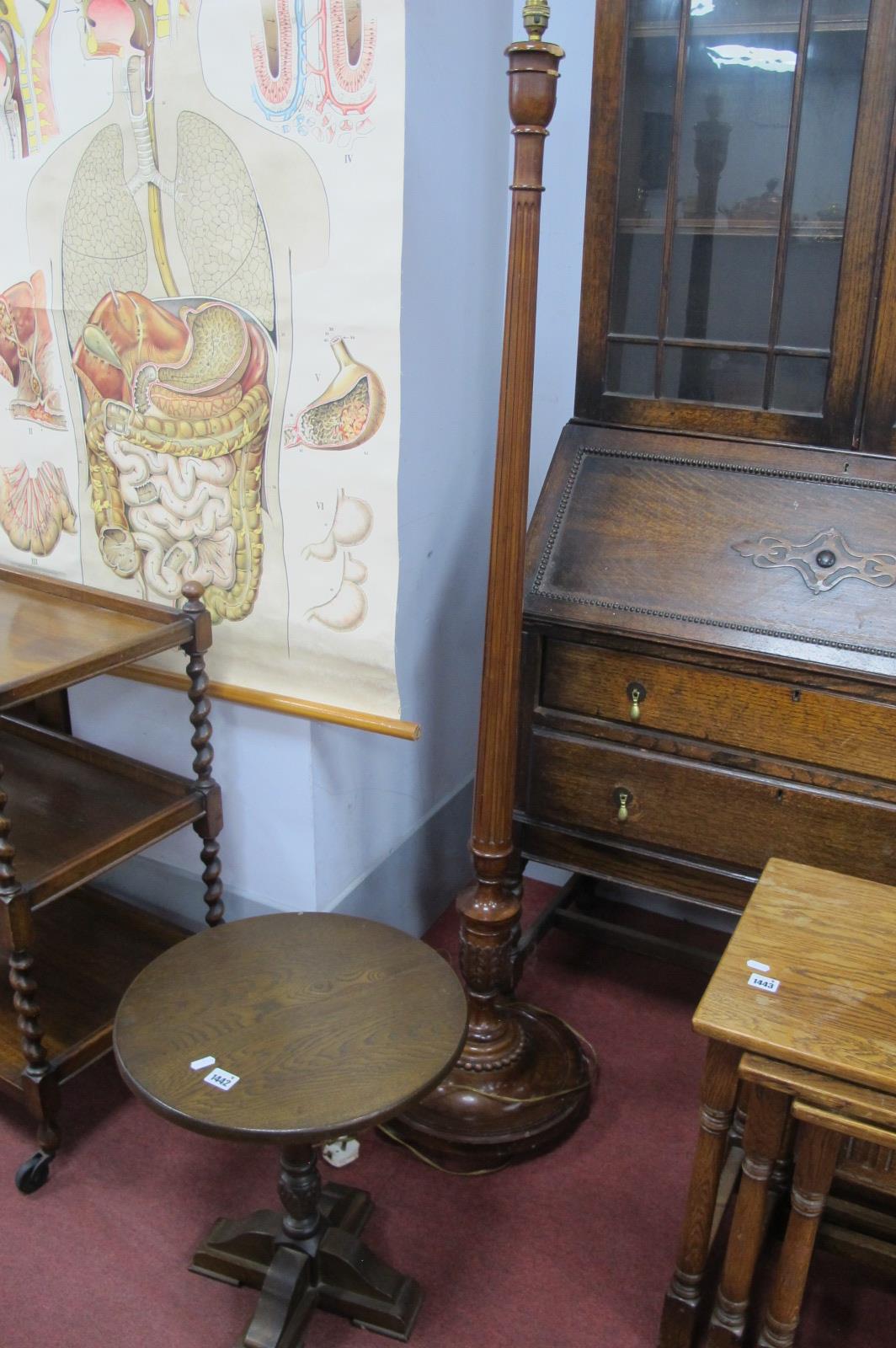 Oak Coffee Table, with circular top on cruciform base, 40cm diameter; standard lamp with fluted