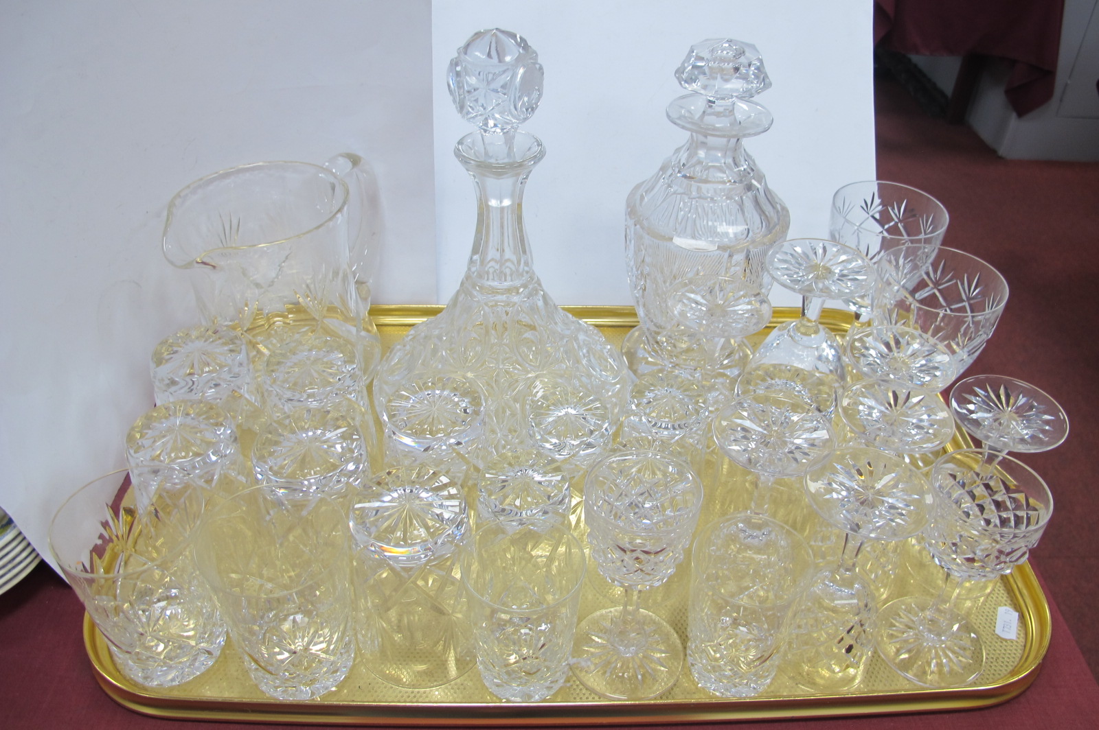 Two Decanters, water jug, drinking glasses:- One Tray.