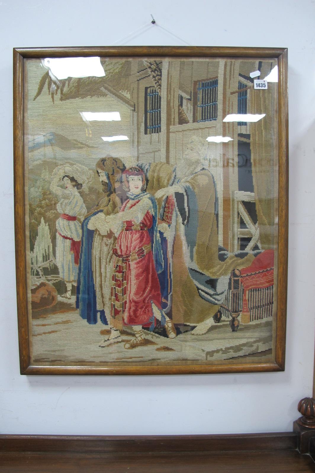 A XIX Century Tapestry, figures outside building, 70.5 x 57cm, later oak framed.