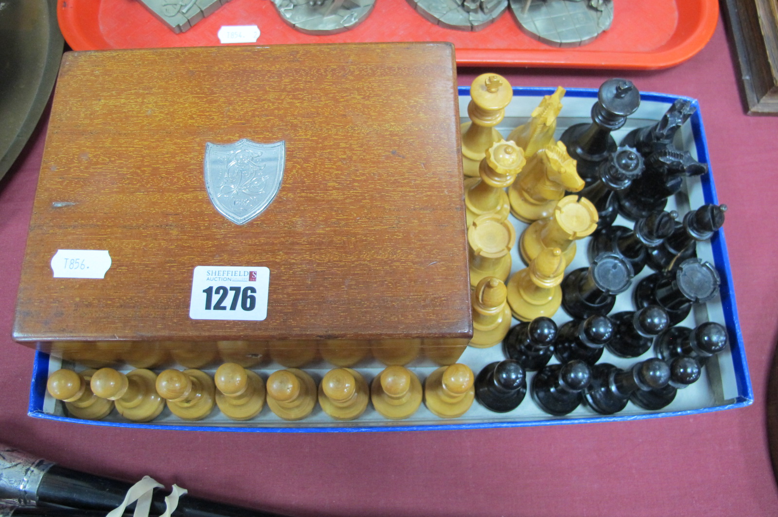 Chess Set, turned wooden, The Kings, 8cm high, with mahogany box, bearing white metal shield.