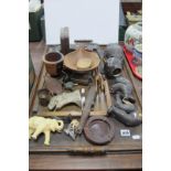 Mineral and Wooden Animals, EO ethnic baby doll, bookends, Acme tie press, etc:- One Tray
