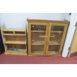 Pine Wall Shelves, having two lower drawers, 64cm wide, display cabinet having twin glazed doors. (