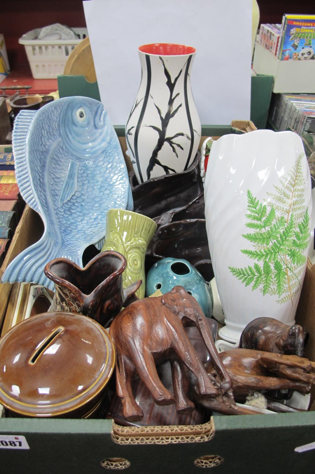 Brentleigh and Ceramadad Vases, Portuguese fish platter, other ceramics, wooden elephants, mottled