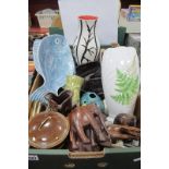 Brentleigh and Ceramadad Vases, Portuguese fish platter, other ceramics, wooden elephants, mottled