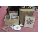 Quantity of Prints, commemorative cermaics and glassware:- Two Boxes; Lloyd Loom Lusty linen box.