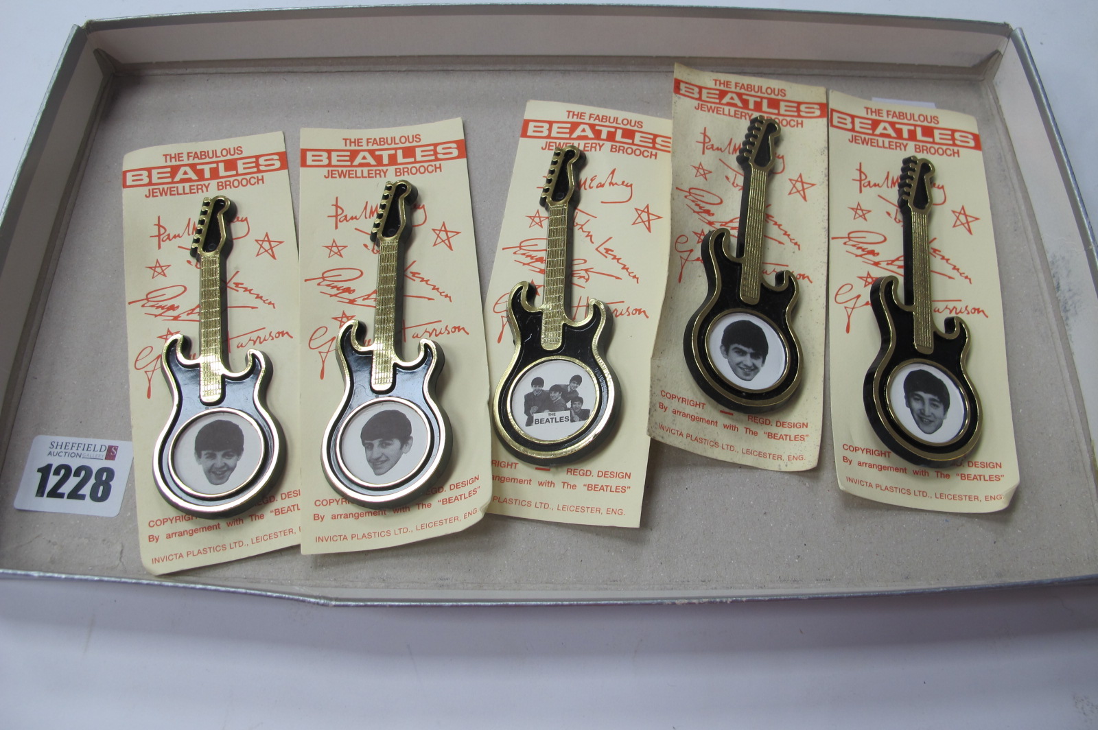 The Beatles Jewellery Brooches, by Invicta Plastics of Leicester, set of five featuring individual