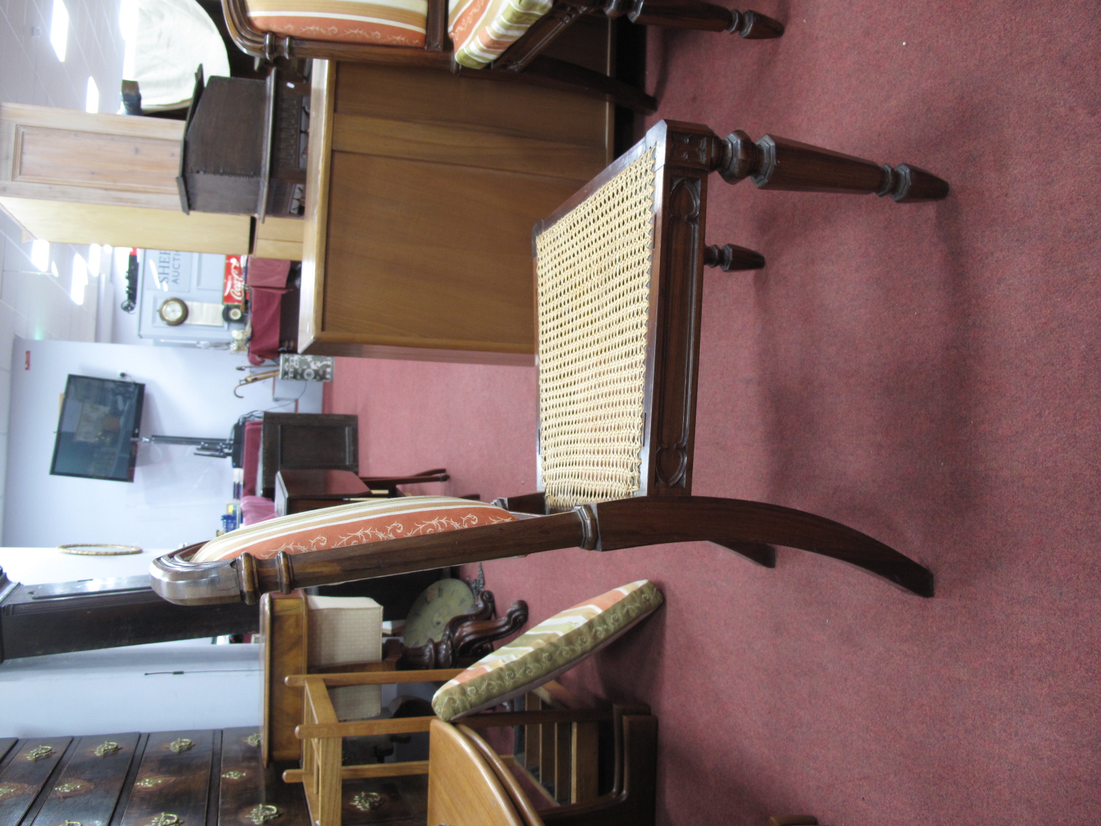 A Set of Four William IV Rosewood Chairs, with reeded top rails, upholstered centre panels and caned - Image 3 of 6