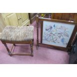 An Oak Stool, on turned supports, oak fire screen with needlework panel (2)