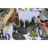 Brass Corinthian Table Lamp, Oriental figures, etc:- One Tray