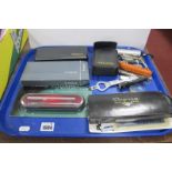 Parker, Platinum and Other Pens, knives, binoculars, button hook:- One Tray