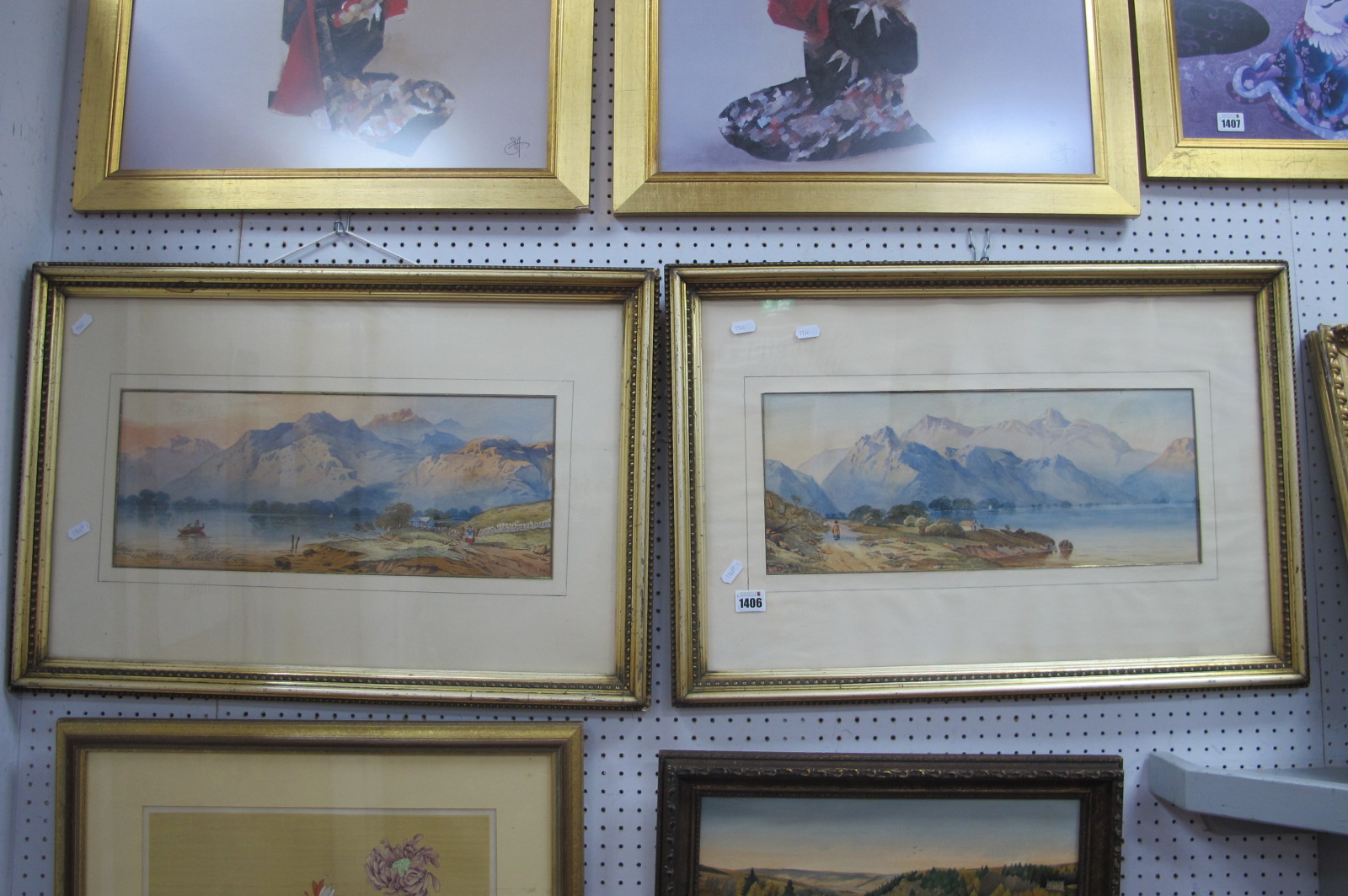 J Nash, Mountain Landscapes, with figures and tranquil lake in foreground, fair watercolours,