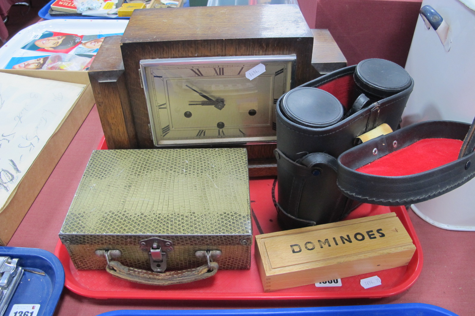 An Oak Westminster Chimes Mantle Clock, Prinz 16 x 50 Binoculars, tin box, dominoes, etc:- One