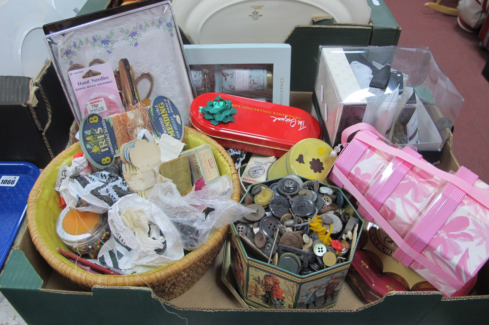 Buttons, toiletries, needlework items:- One Box.