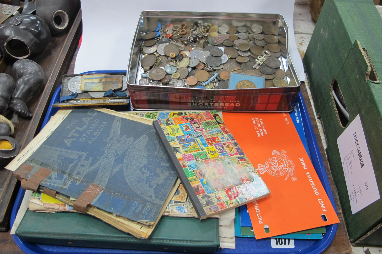 Pictorial Postage Stamps, Isle of Man P.O.A, other stamps in albums, coinage, etc:- One Tray