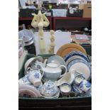 Six Booth's "Real Old Willow" Large Soup Plates, other blue and white pattered pottery, ginger jar