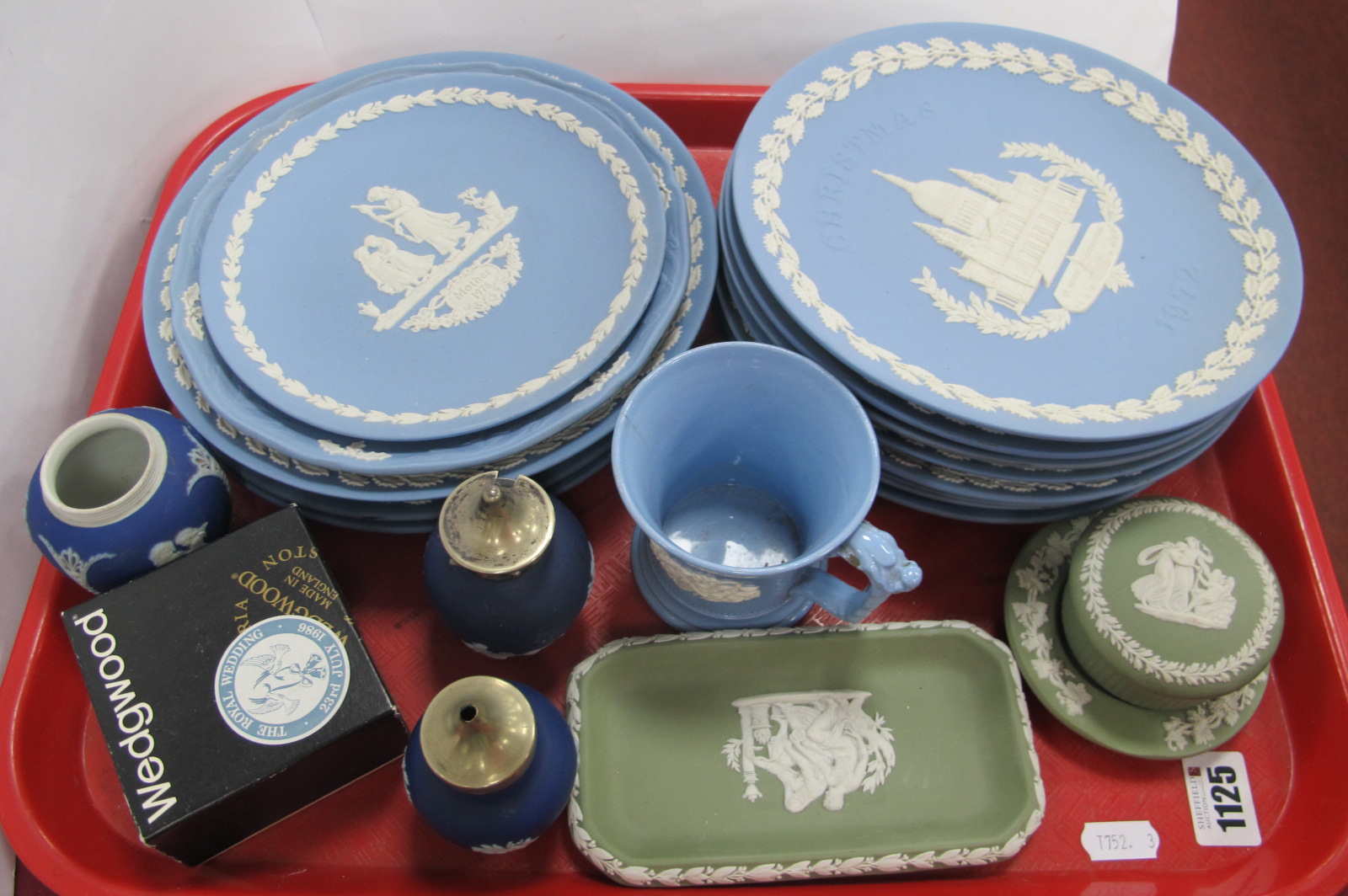 Wedgwood Jasper Ware Plates, in powder blue (15), other trinkets in varying colours:- One Tray.