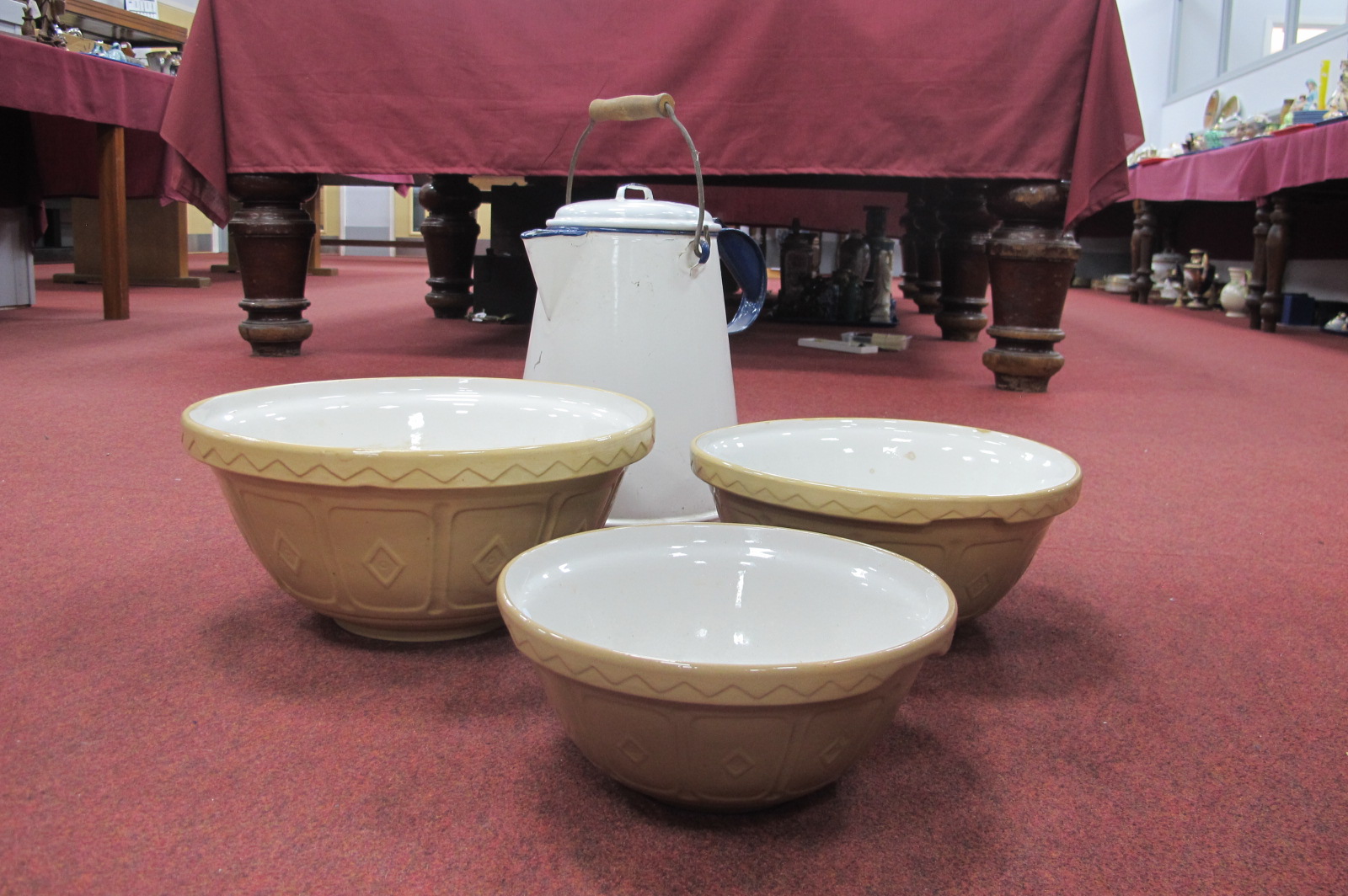 Enamelled Pail, having turned wooden carry handle; three Church Gresley mixing bowls (one damaged).