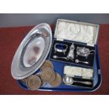 A Cased Walker & Hall Three Piece Plated Cruet Set, complete with spoons; together with a set of