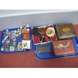 Costume Jewellery, including clip on earrings, hat pins, powder compacts, boxes, vintage tin