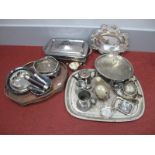 Assorted plated Ware, including dishes, trays, pewter mugs, vintage torches, spirit measure with